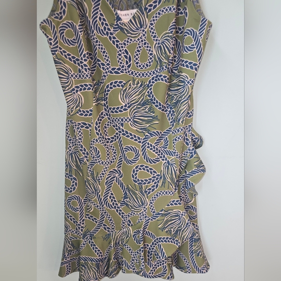 Gretchen Scott Dress Green Ruffle Sleeveless Tassel Time Slip Stretch Wrap - Picture 4 of 6